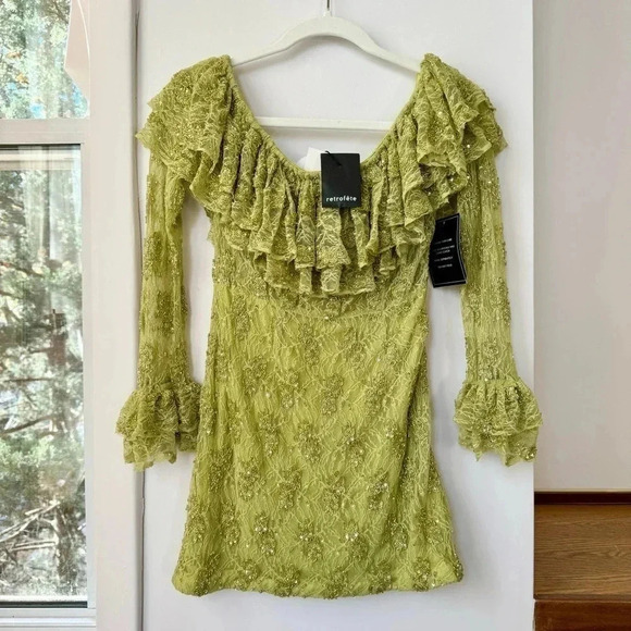 NWT Retrofete Castella Dress Mini Long Sleeve Off Shoulder Sequin Revolve Green - Picture 1 of 17